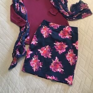 Loft, Skirt & matching Scarf, navy with pink & fuchsia colored flowers
